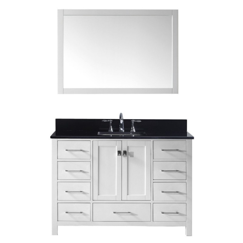 Caroline Avenue 48" Single Bathroom Vanity in White with Black Galaxy Granite Top and Square Sink with Brushed Nickel Faucet and Mirror