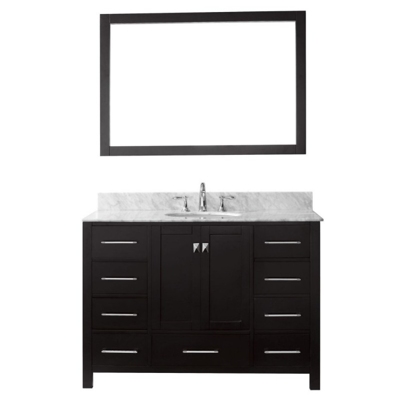 Caroline Avenue 48" Single Bathroom Vanity in Espresso with Marble Top and Round Sink with Polished Chrome Faucet and Mirror
