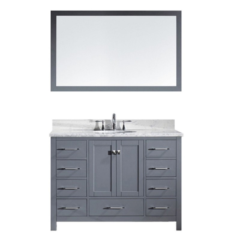 Caroline Avenue 48" Single Bathroom Vanity in Grey with Marble Top and Round Sink with Brushed Nickel Faucet and Mirror