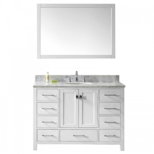 Caroline Avenue 48" Single Bathroom Vanity in White with Marble Top and Round Sink with Polished Chrome Faucet and Mirror