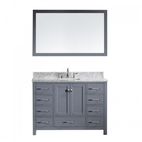 Caroline Avenue 48" Single Bathroom Vanity in Grey with Marble Top and Square Sink with Brushed Nickel Faucet and Mirror