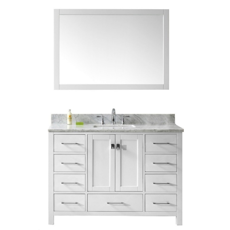 Caroline Avenue 48" Single Bathroom Vanity in White with Marble Top and Square Sink with Mirror