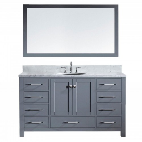 Caroline Avenue 60" Single Bathroom Vanity in Grey with Marble Top and Round Sink with Mirror
