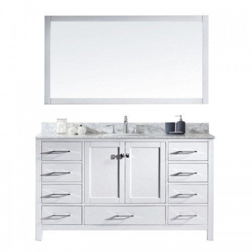 Caroline Avenue 60" Single Bathroom Vanity in White with Marble Top and Round Sink with Mirror