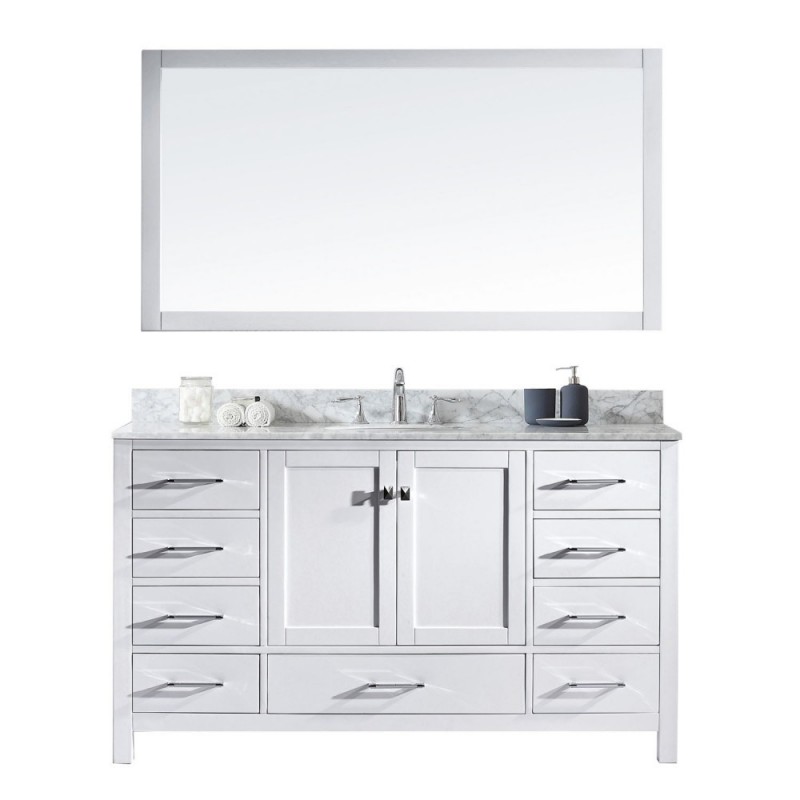 Caroline Avenue 60" Single Bathroom Vanity in White with Marble Top and Round Sink with Mirror