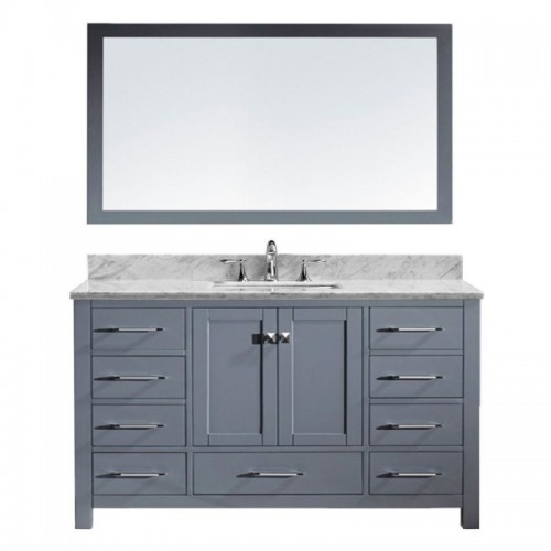Caroline Avenue 60" Single Bathroom Vanity in Grey with Marble Top and Square Sink with Mirror