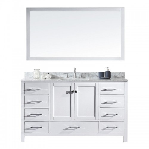 Caroline Avenue 60" Single Bathroom Vanity in White with Marble Top and Square Sink with Mirror