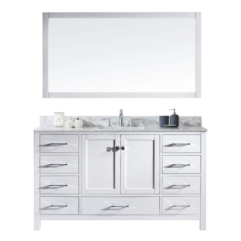 Caroline Avenue 60" Single Bathroom Vanity in White with Marble Top and Square Sink with Mirror