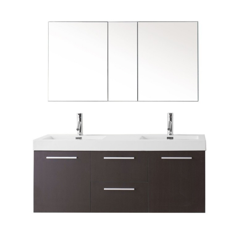 Midori 54" Double Bathroom Vanity in Wenge with White Polymarble Top and Square Sink with Polished Chrome Faucet