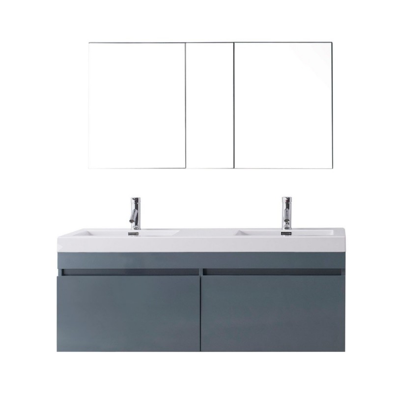 Zuri 55" Double Bathroom Vanity in Grey with White Polymarble Top and Square Sink with Brushed Nickel Faucet