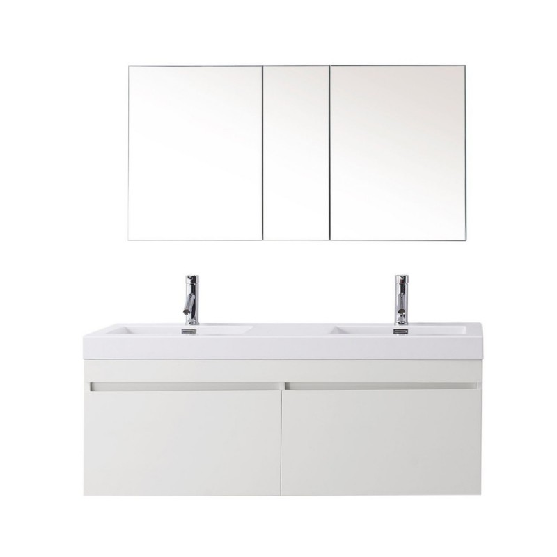 Zuri 55" Double Bathroom Vanity in Gloss White with White Polymarble Top and Square Sink with Brushed Nickel Faucet