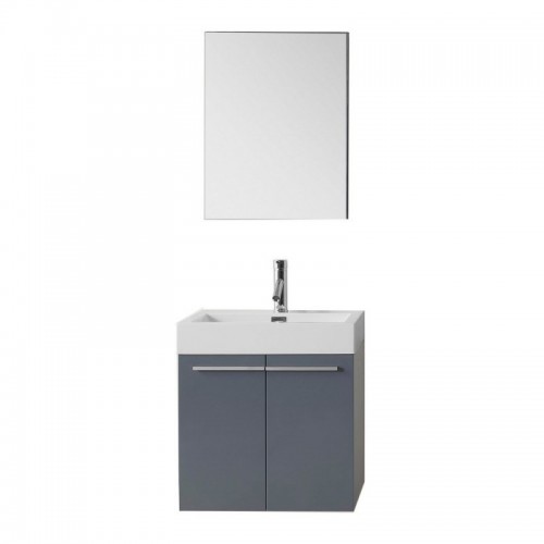 Midori 24" Single Bathroom Vanity in Grey with White Polymarble Top and Square Sink with Brushed Nickel Faucet and Mirror