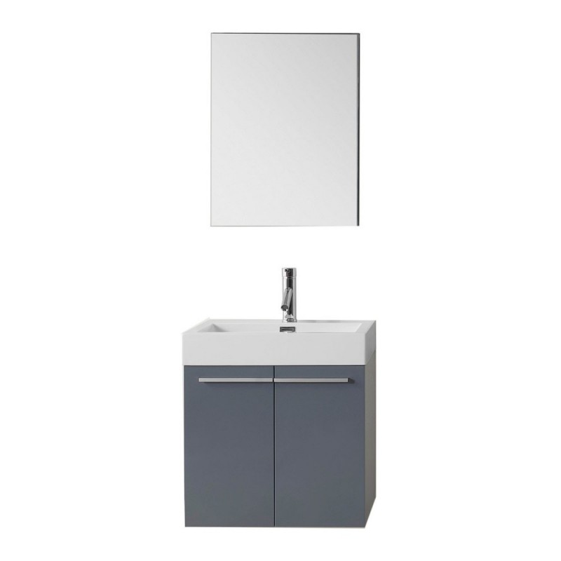 Midori 24" Single Bathroom Vanity in Grey with White Polymarble Top and Square Sink with Brushed Nickel Faucet and Mirror