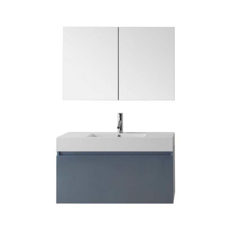 Zuri 39" Single Bathroom Vanity in Grey with White Polymarble Top and Square Sink with Polished Chrome Faucet and Mirror