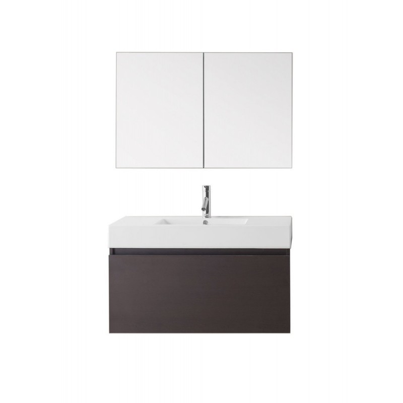 Zuri 39" Single Bathroom Vanity in Wenge with White Polymarble Top and Square Sink with Polished Chrome Faucet and Mirror
