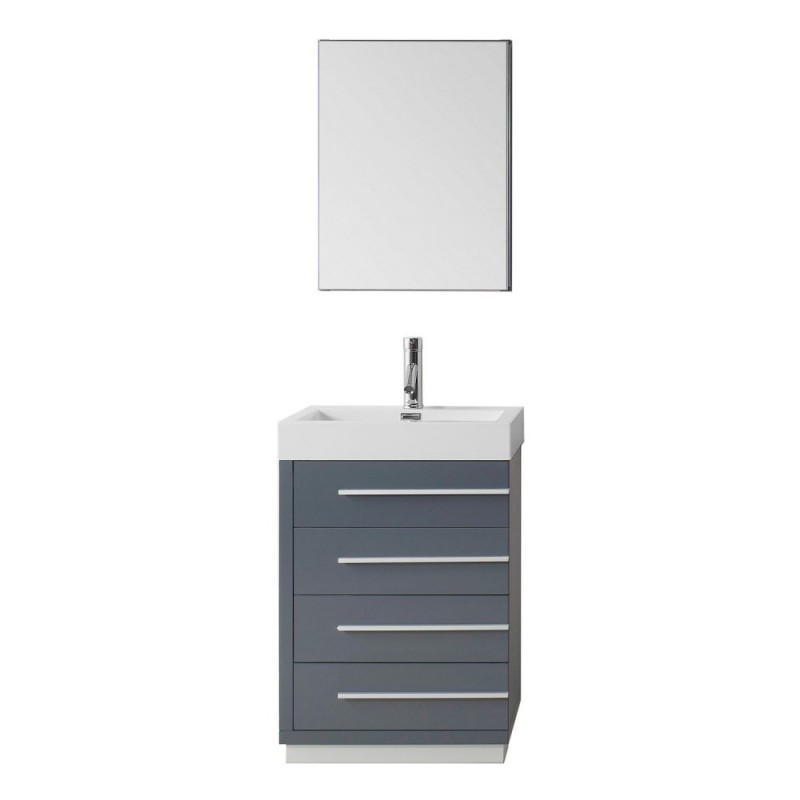 Bailey 24" Single Bathroom Vanity in Grey with White Polymarble Top and Square Sink with Polished Chrome Faucet and Mirror
