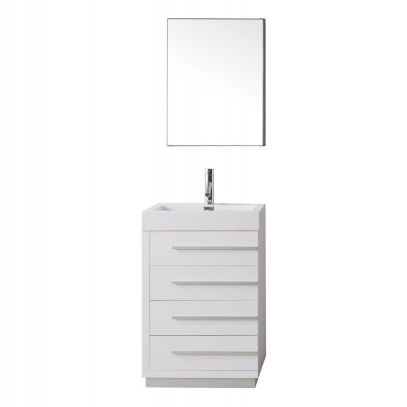 Bailey 24" Single Bathroom Vanity in Gloss White with White Polymarble Top and Square Sink with Polished Chrome Faucet and Mirror