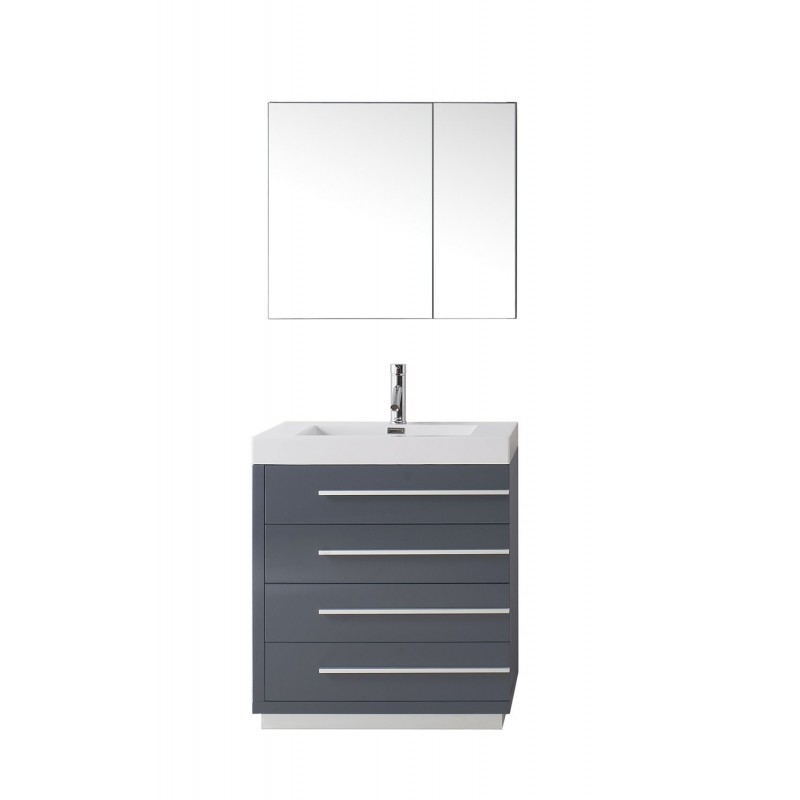 Bailey 30" Single Bathroom Vanity in Grey with White Polymarble Top and Square Sink with Brushed Nickel Faucet and Mirror