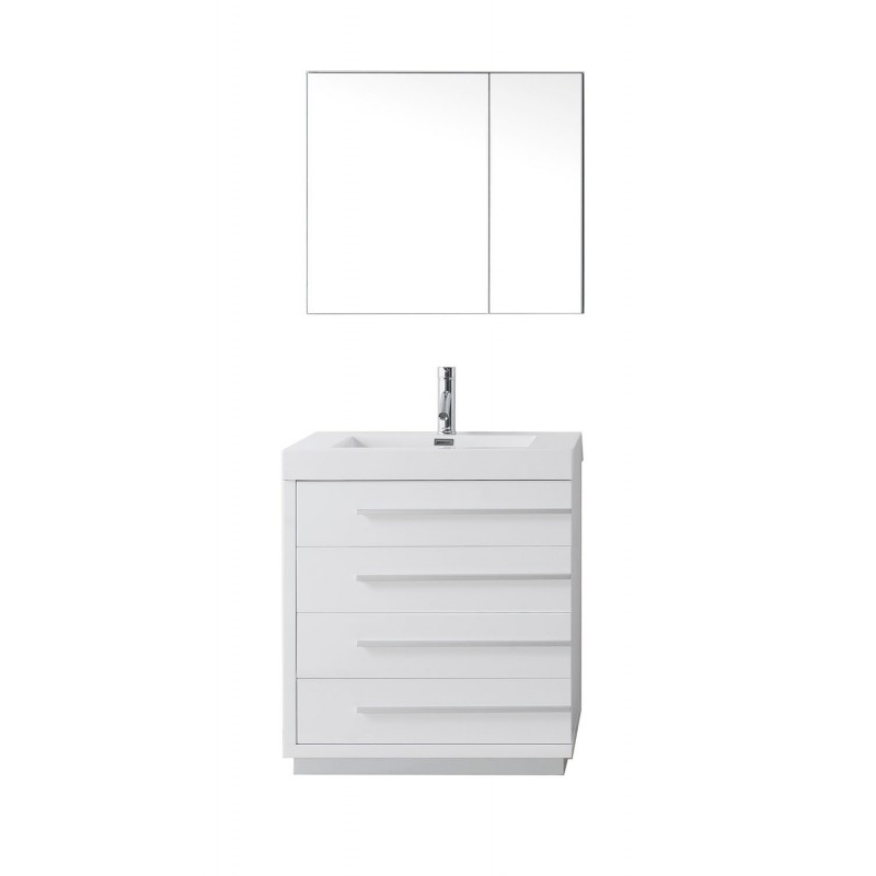 Bailey 30" Single Bathroom Vanity in Gloss White with White Polymarble Top and Square Sink with Polished Chrome Faucet and Mirror