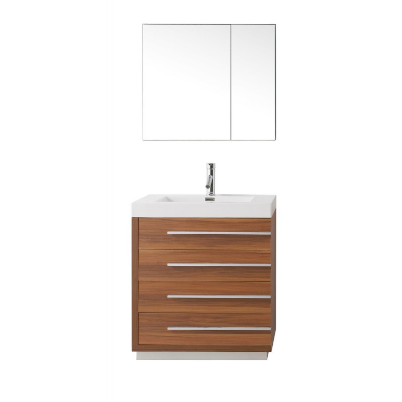 Bailey 30" Single Bathroom Vanity in Plum with White Polymarble Top and Square Sink with Brushed Nickel Faucet and Mirror