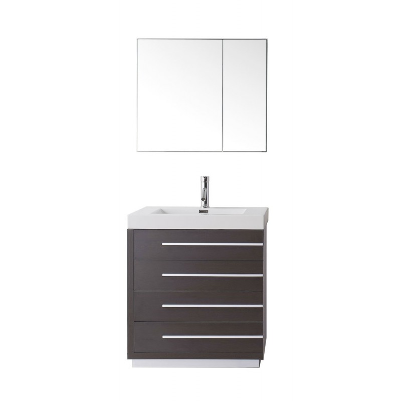 Bailey 30" Single Bathroom Vanity in Wenge with White Polymarble Top and Square Sink with Polished Chrome Faucet and Mirror