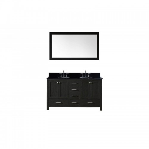 Caroline Premium 60" Double Bathroom Vanity in Zebra Grey with Black Galaxy Granite Top and Round Sink with Mirror