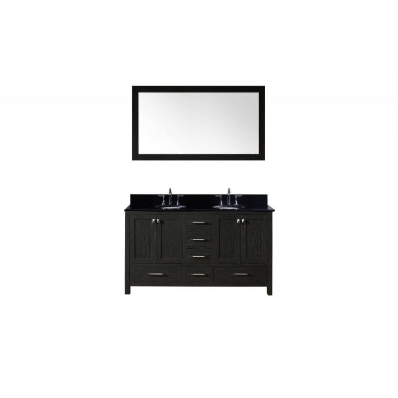 Caroline Premium 60" Double Bathroom Vanity in Zebra Grey with Black Galaxy Granite Top and Round Sink with Mirror