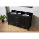Caroline Premium 60" Double Bathroom Vanity in Zebra Grey with Black Galaxy Granite Top and Round Sink with Mirror