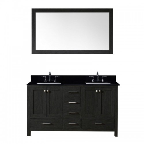 Caroline Premium 60" Double Bathroom Vanity in Zebra Grey with Black Galaxy Granite Top and Square Sink with Mirror