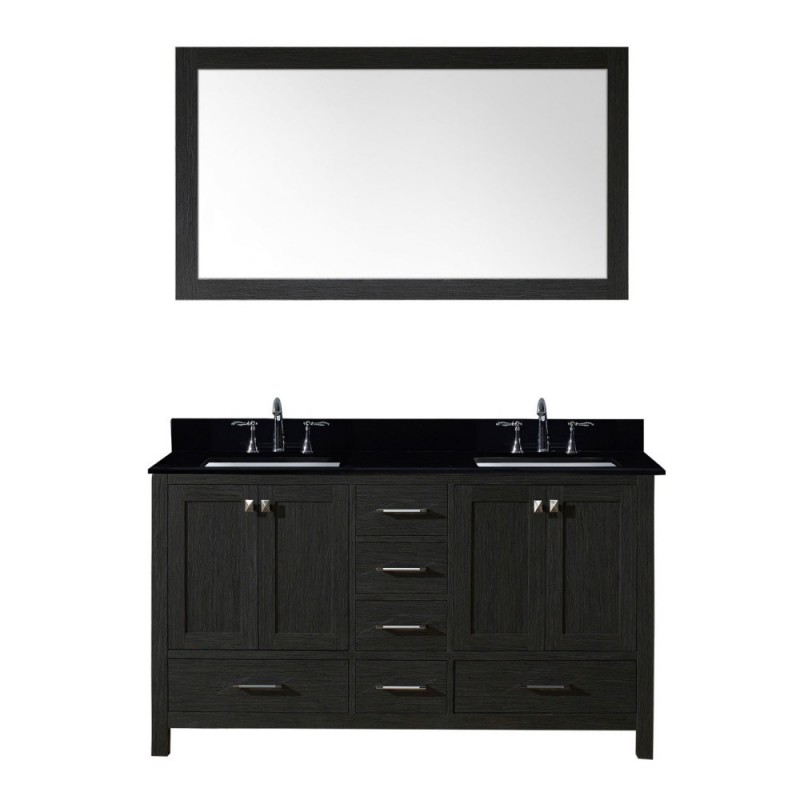 Caroline Premium 60" Double Bathroom Vanity in Zebra Grey with Black Galaxy Granite Top and Square Sink with Mirror