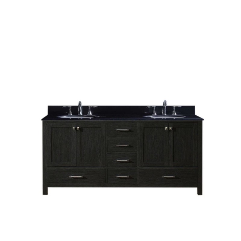 Caroline Premium 72" Double Bathroom Vanity in Zebra Grey with Black Galaxy Granite Top and Round Sink with Mirror