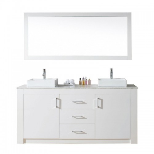 Tavian 72" Double Bathroom Vanity in Gloss White with Marble Top and Square Sink with Polished Chrome Faucet and Mirror
