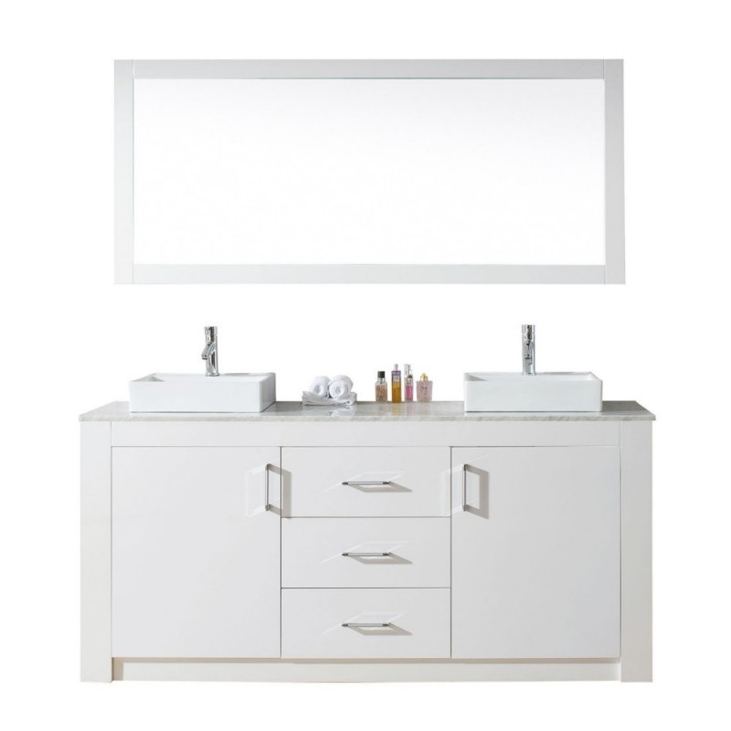 Tavian 72" Double Bathroom Vanity in Gloss White with Marble Top and Square Sink with Polished Chrome Faucet and Mirror