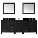 Caroline Premium 90" Double Bathroom Vanity in Zebra Grey with Black Galaxy Granite Top and Round Sink with Mirrors