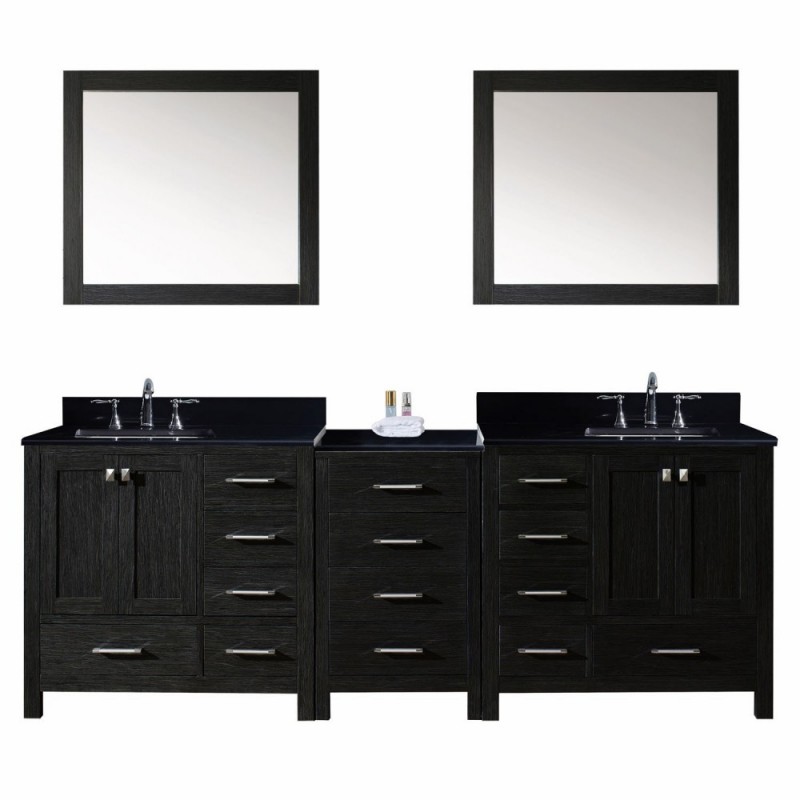 Caroline Premium 90" Double Bathroom Vanity in Zebra Grey with Black Galaxy Granite Top and Square Sink with Mirrors