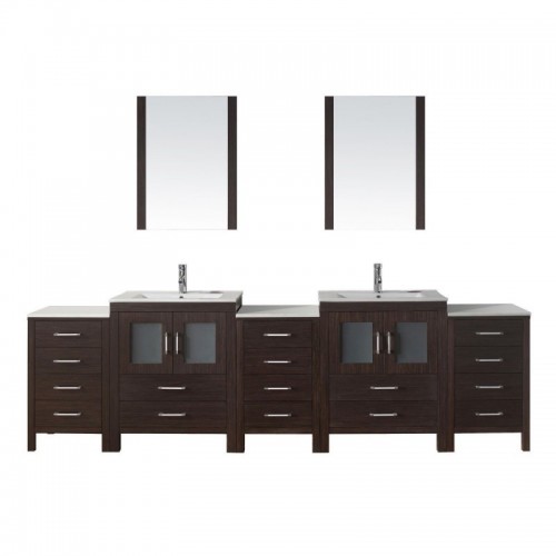 Dior 110" Double Bathroom Vanity in Espresso with Slim White Ceramic Top and Square Sink with Polished Chrome Faucet and Mirrors
