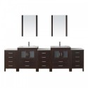 Dior 110" Double Bathroom Vanity in Espresso with Slim White Ceramic Top and Square Sink with Polished Chrome Faucet and Mirrors