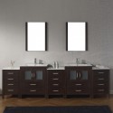 Dior 110" Double Bathroom Vanity in Espresso with Slim White Ceramic Top and Square Sink with Polished Chrome Faucet and Mirrors