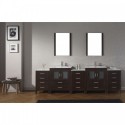 Dior 110" Double Bathroom Vanity in Espresso with Slim White Ceramic Top and Square Sink with Polished Chrome Faucet and Mirrors