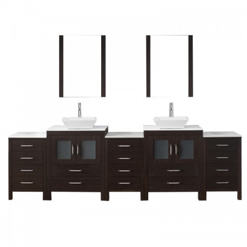 Dior 110" Double Bathroom Vanity in Espresso with White Engineered Stone Top and Square Sink with Polished Chrome Faucet and Mirrors