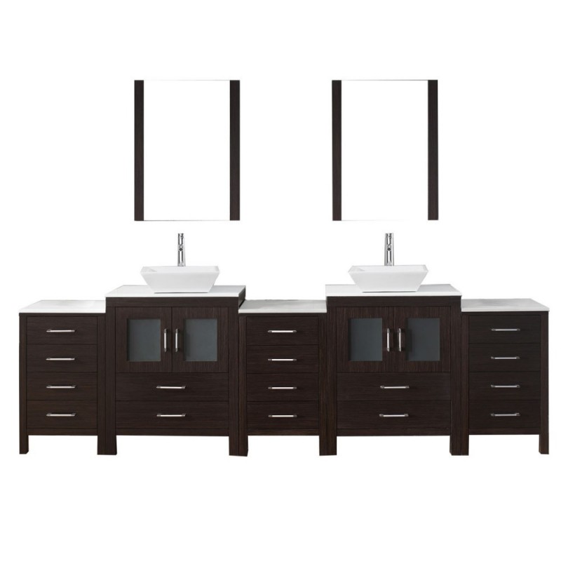 Dior 110" Double Bathroom Vanity in Espresso with White Engineered Stone Top and Square Sink with Polished Chrome Faucet and Mirrors