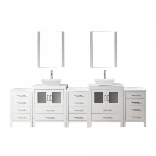 Dior 110" Double Bathroom Vanity in White with White Engineered Stone Top and Square Sink with Brushed Nickel Faucet and Mirrors