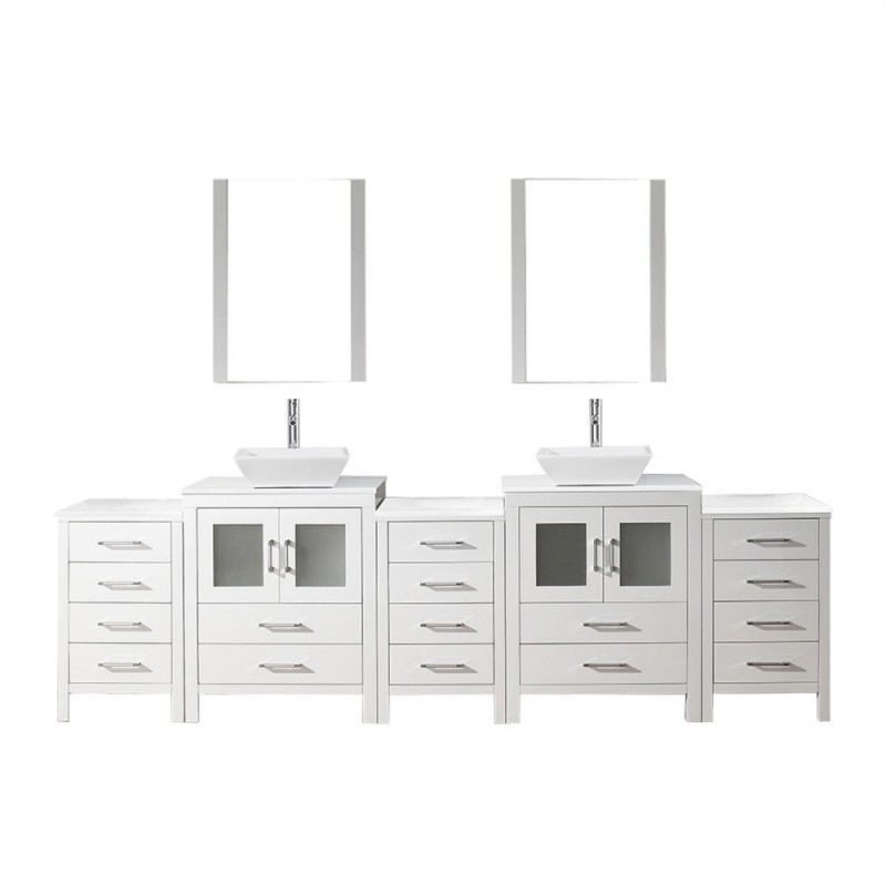 Dior 110" Double Bathroom Vanity in White with White Engineered Stone Top and Square Sink with Brushed Nickel Faucet and Mirrors