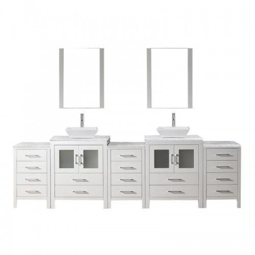 Dior 110" Double Bathroom Vanity in White with Marble Top and Square Sink with Brushed Nickel Faucet and Mirrors