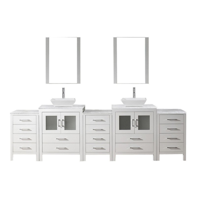 Dior 110" Double Bathroom Vanity in White with Marble Top and Square Sink with Brushed Nickel Faucet and Mirrors