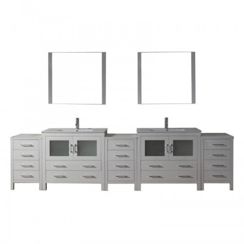 Dior 118" Double Bathroom Vanity in White with Slim White Ceramic Top and Square Sink with Polished Chrome Faucet and Mirrors