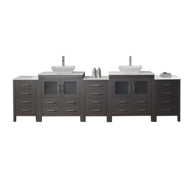 Dior 118" Double Bathroom Vanity in Grey Oak with White Engineered Stone Top and Square Sink with Brushed Nickel Faucet and Mirrors