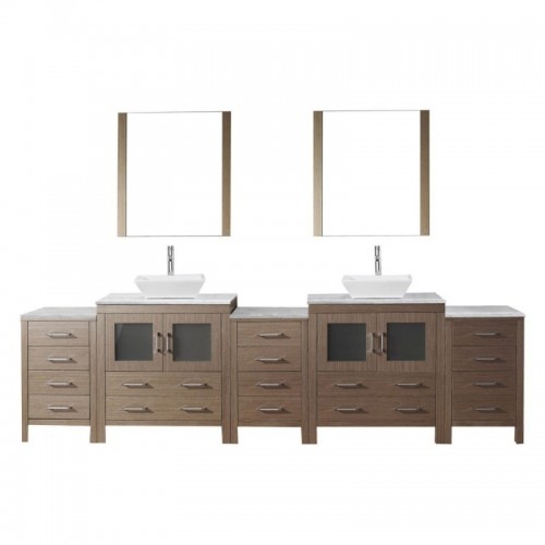 Dior 118" Double Bathroom Vanity in Dark Oak with Marble Top and Square Sink with Polished Chrome Faucet and Mirrors