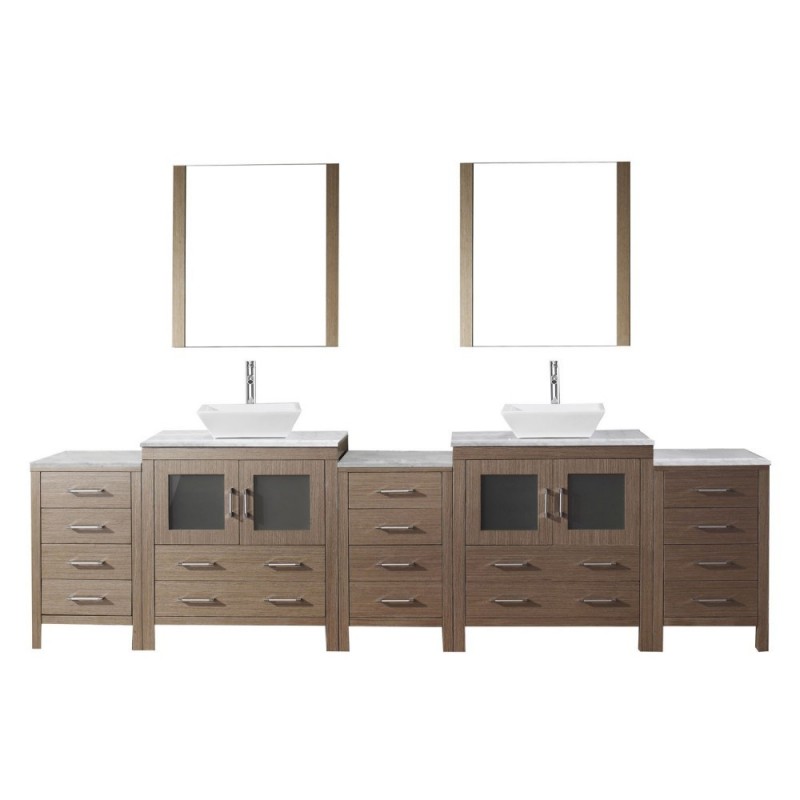Dior 118" Double Bathroom Vanity in Dark Oak with Marble Top and Square Sink with Polished Chrome Faucet and Mirrors