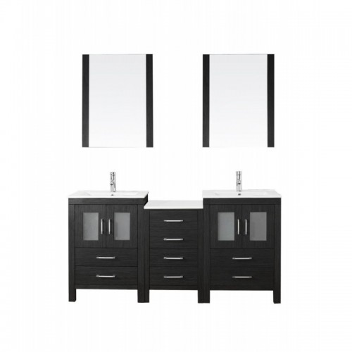 Dior 66" Double Bathroom Vanity in Zebra Grey with Slim White Ceramic Top and Square Sink with Polished Chrome Faucet and Mirrors
